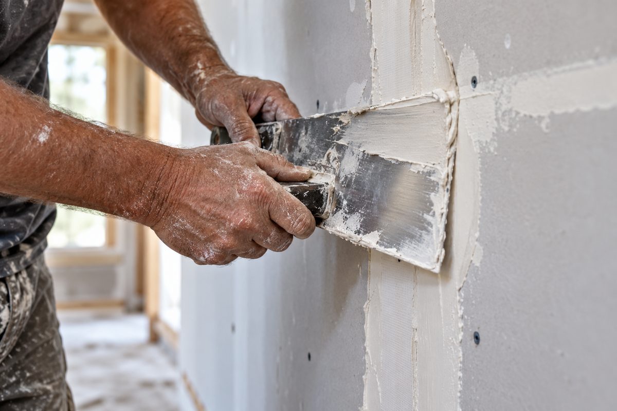 Handyman using a stainless steel drywall taping knife to float joint compound over wall patch