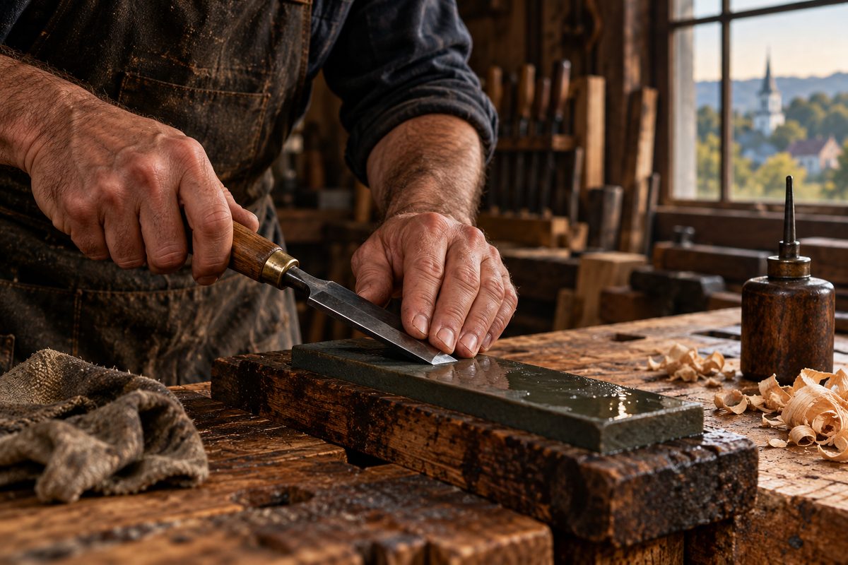 Carpenter sharpening a bevel edge wood chisel on an oilstone in workshop