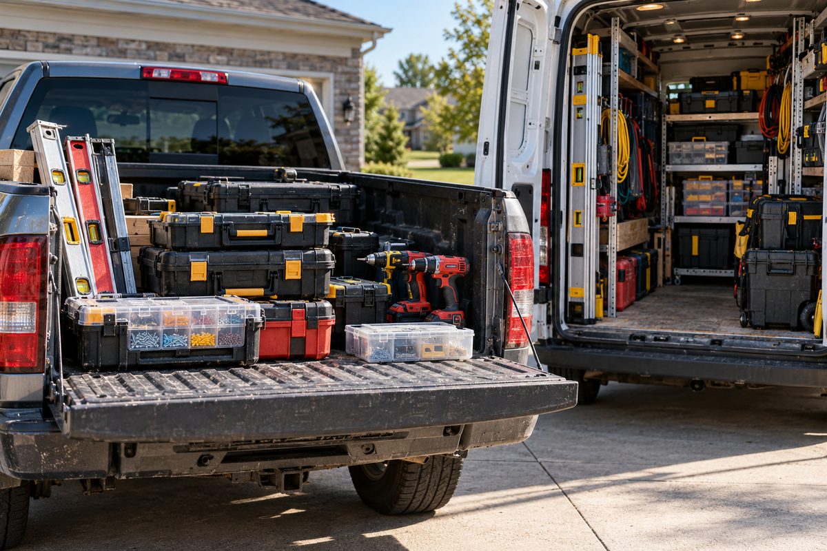 Rear cargo area of handyman work truck equipped with tool organizer boxes, levels, and fasteners in Nicholasville Kentucky