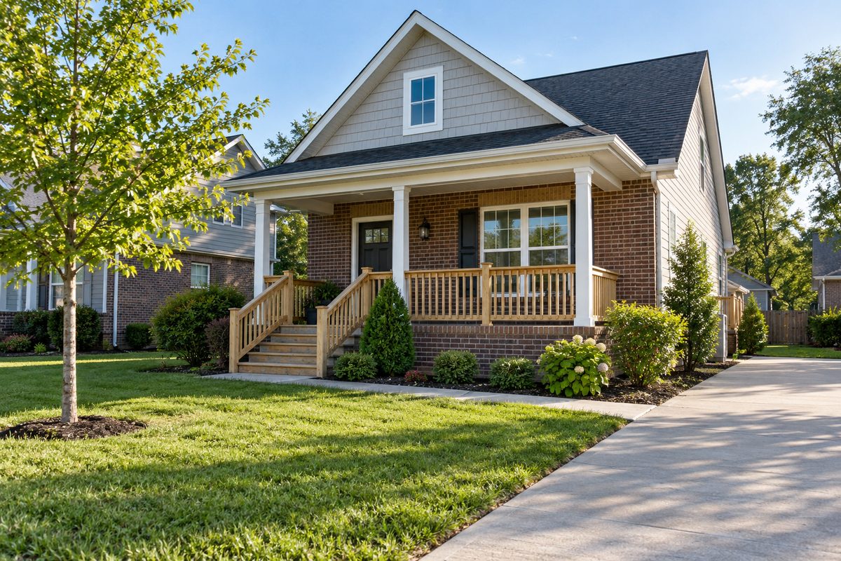 Single-family residential front porch with repaired wooden railings in Nicholasville Kentucky