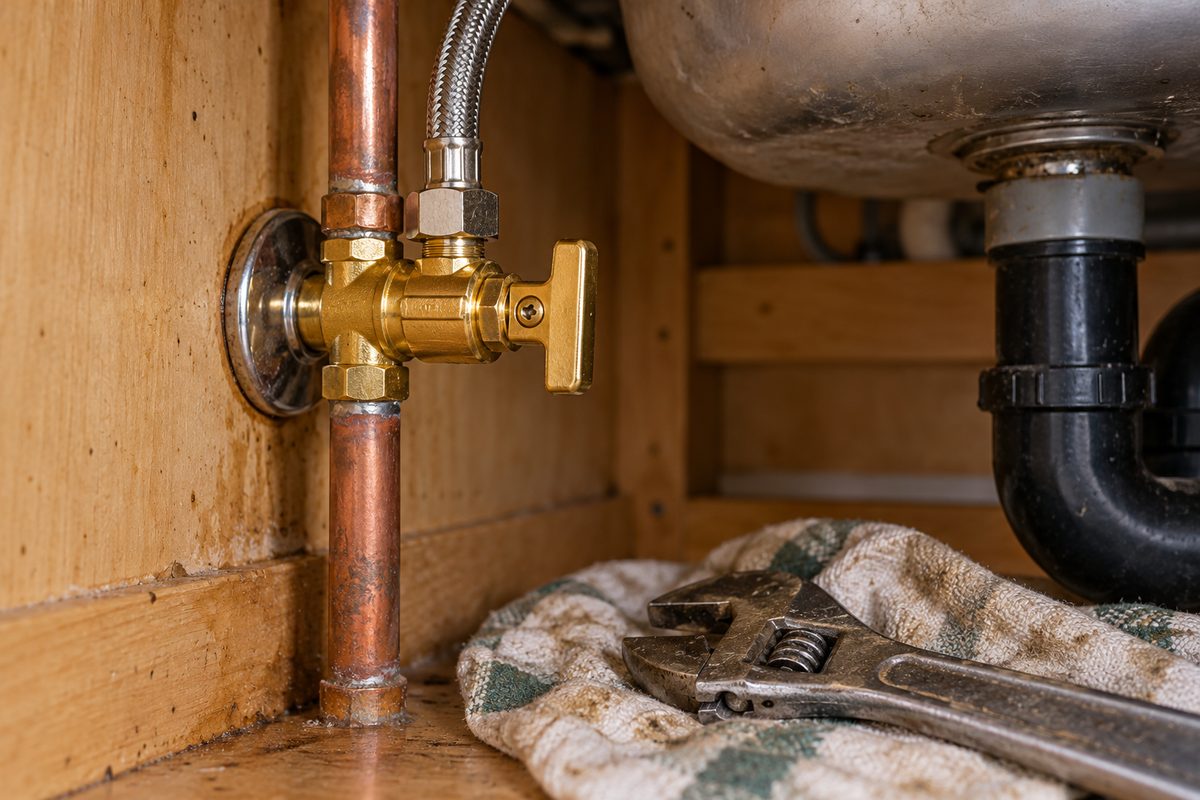 New solid brass quarter turn shutoff valve installed onto residential water supply line