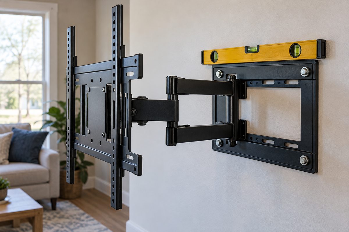 Articulating steel television wall bracket bolted into timber wall studs with lag screws